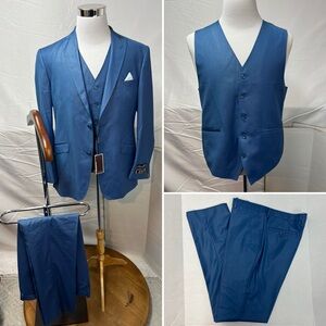 Gulliano Couture NWT Men's 44R X38W Blazer Pants Vest Blue 3-Piece Suit